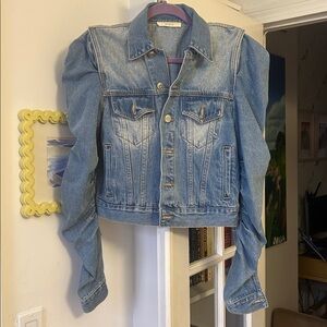 Fitted denim jacket with rouched sleeves